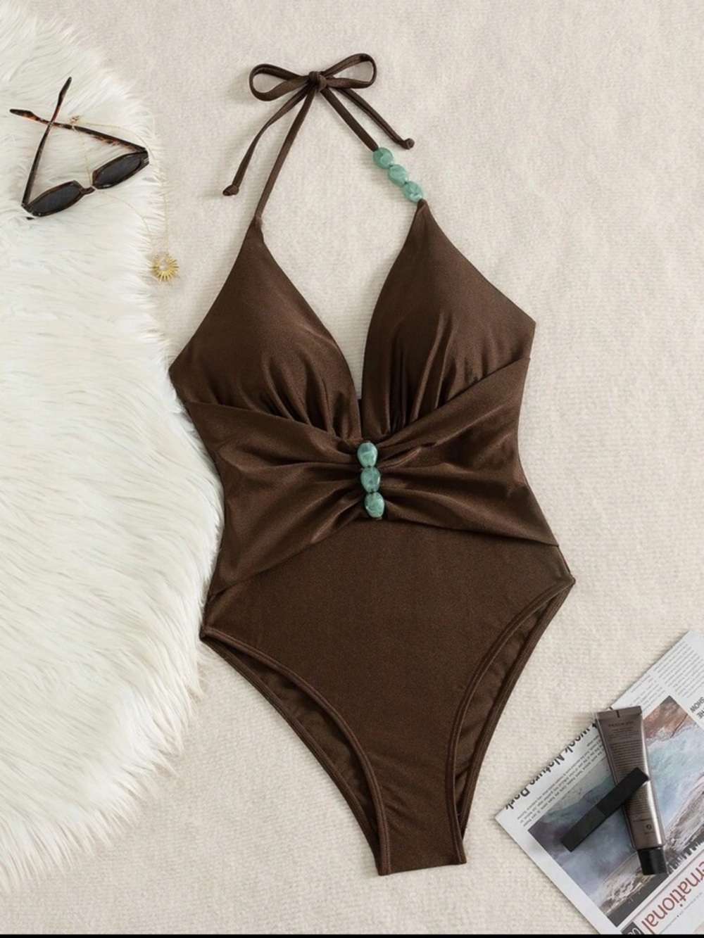 Swim Mod Women's Solid Color Beaded Halter One-Piece Swimsuit, - Picture 4 of 4